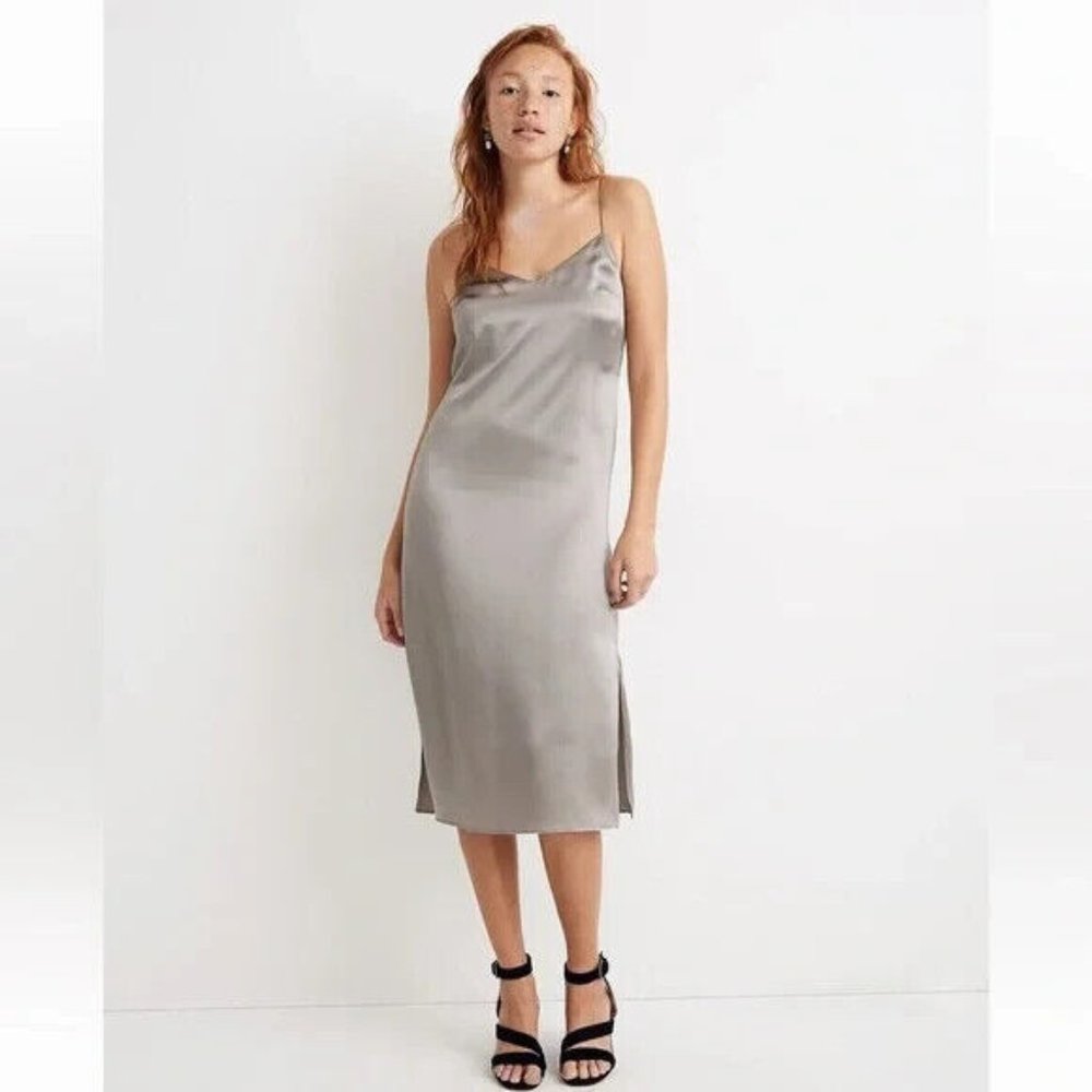 Madewell Silk Eva - Gray Satin, Midi Tea Length, Side-Slit Slip Dress, size 8